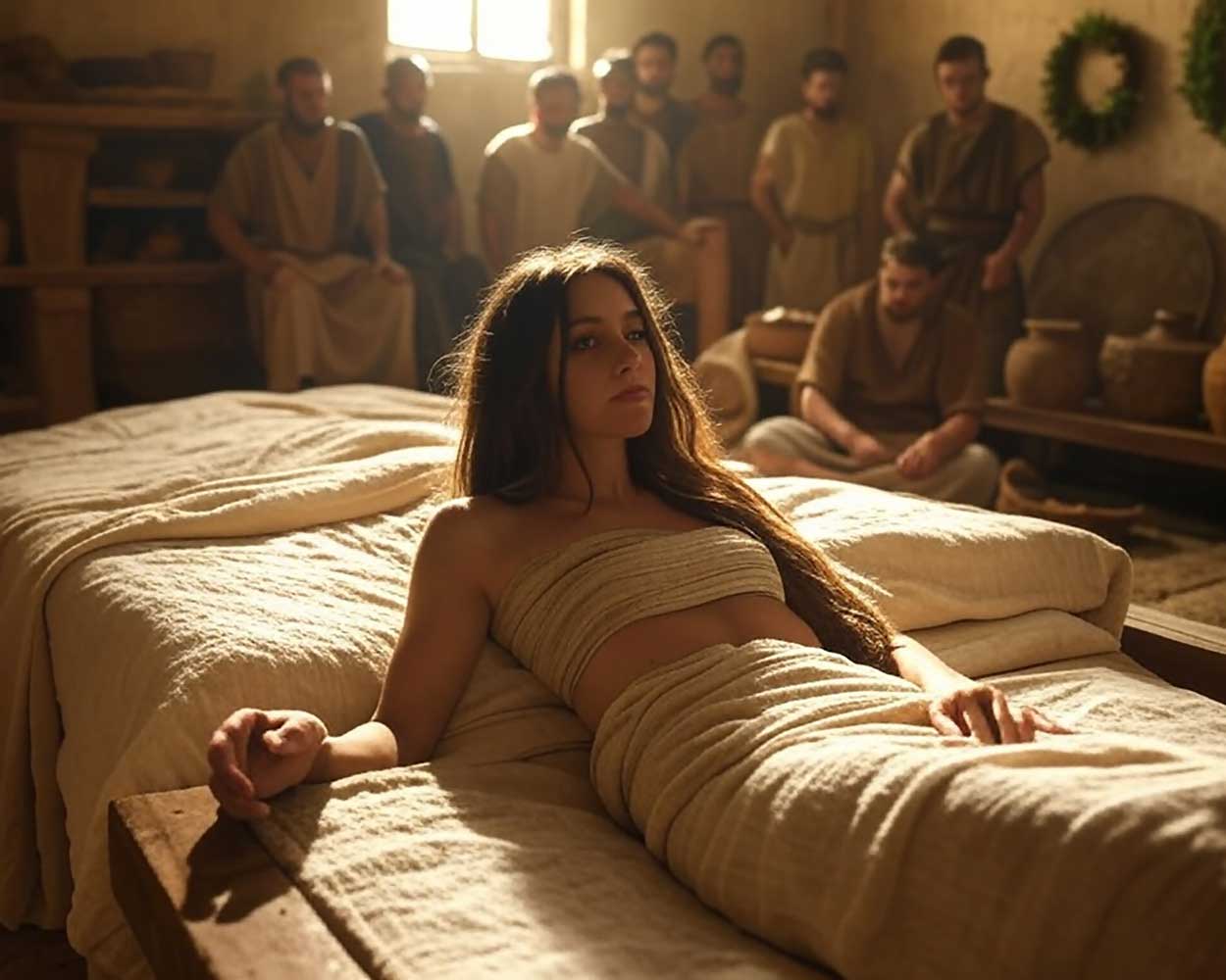 A depiction of a Pagan spring festival from 500 BC, showing a woman in traditional ancient clothing reclining on a bed, surrounded by people in rustic garments. Earthenware pots and a warm, earthy atmosphere emphasize the historical and cultural setting.