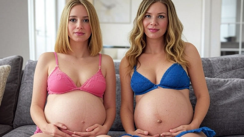 two pregnant women looking sexy on a sofa
